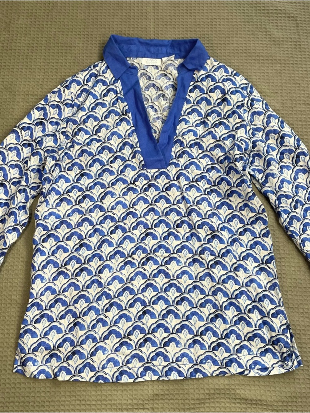 Sigrid Olsen 100% Linen Popover Blouse Small Womens Blue White Cruise Beach